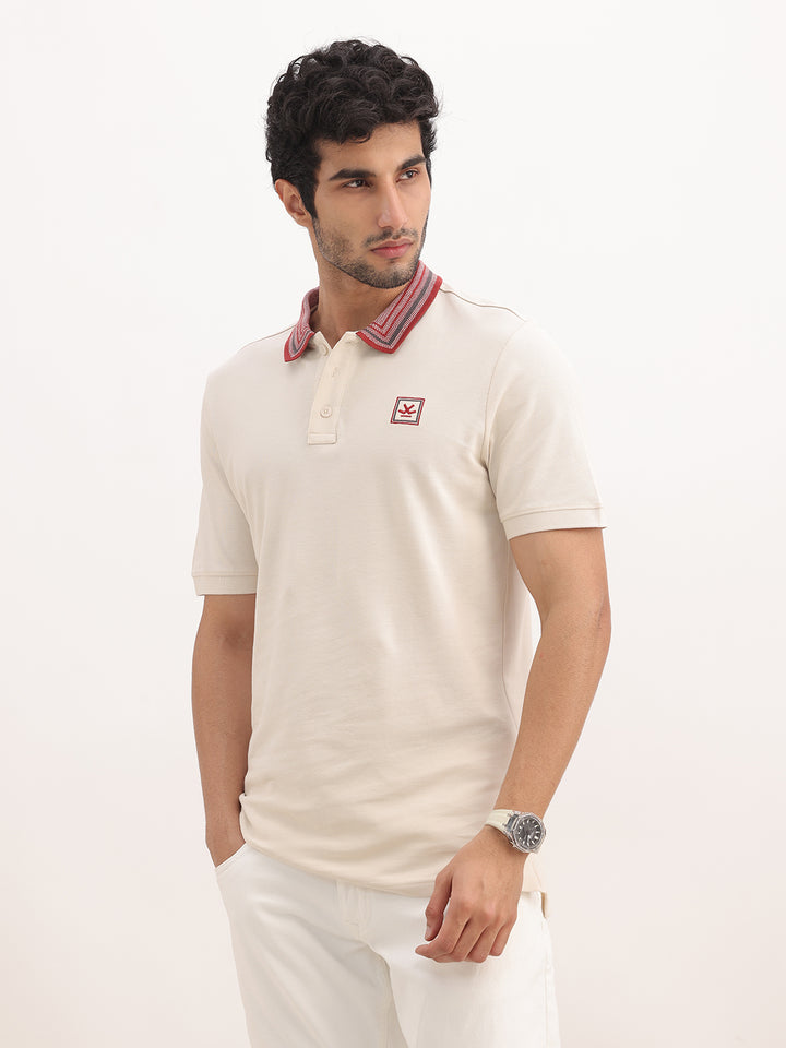 Classic Slim Fit Jacquard Collar Polo T-Shirt | Beige