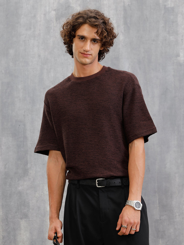 Two Tone Textured Slub Knit Oversized Crew Neck T-Shirt With Chunky Rib | Brown
