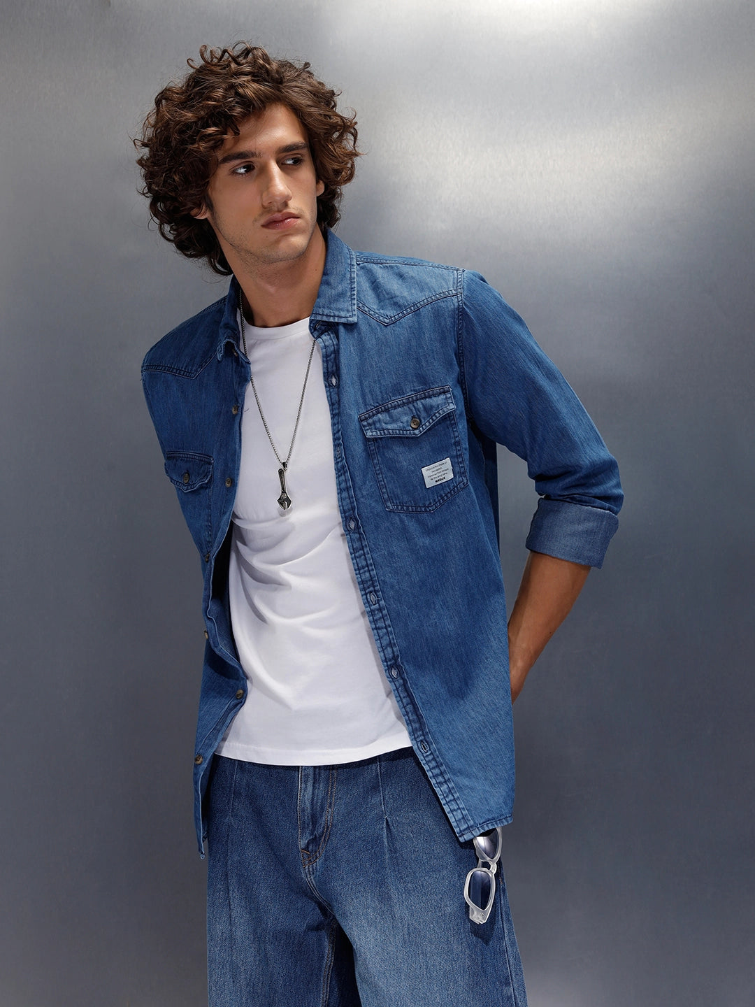 Flap Pocket Regualr Fit Denim Shirt With Branding | Blue