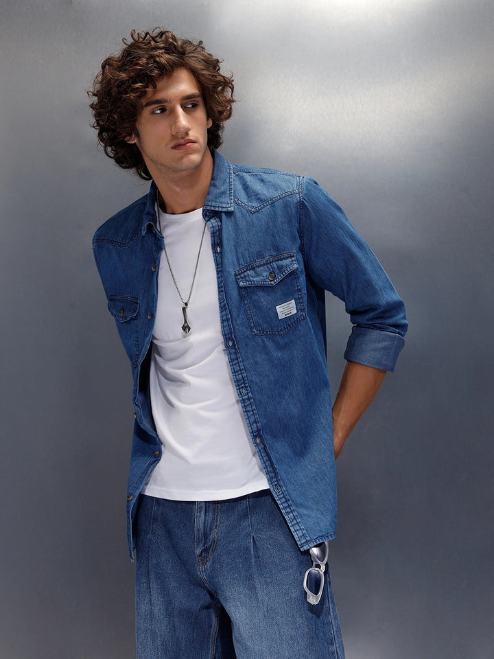 Flap Pocket Regualr Fit Denim Shirt With Branding | Blue