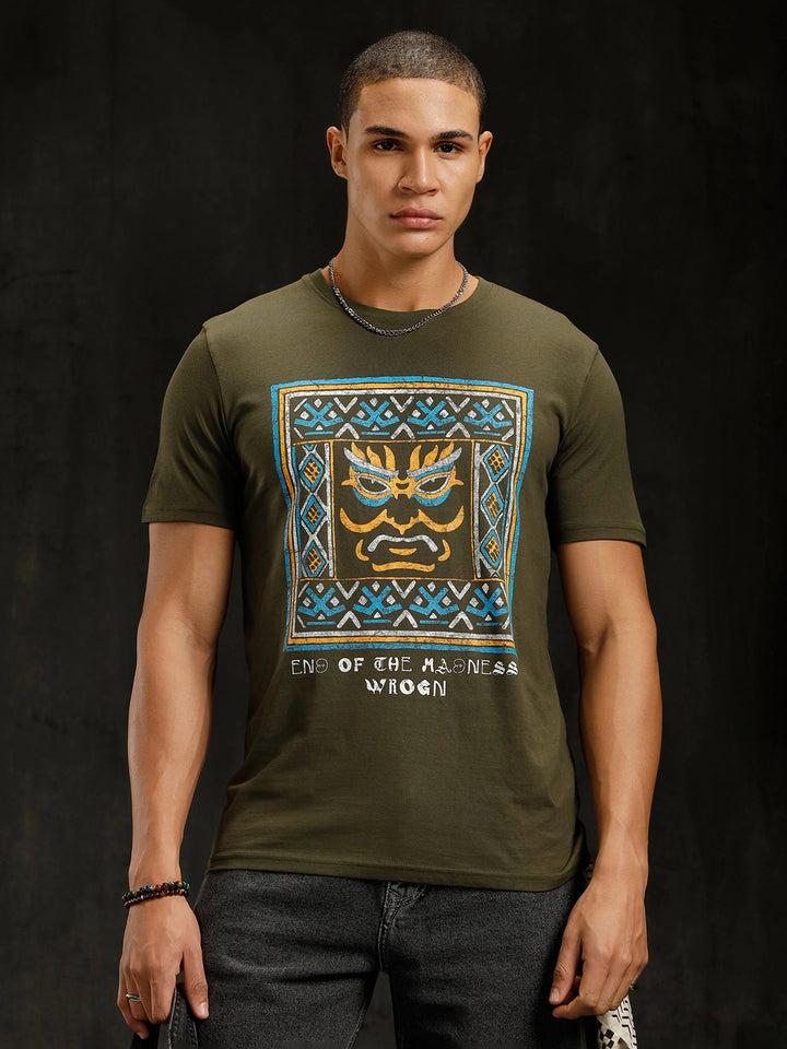 Mythical Faces Printed T-Shirt | Olive