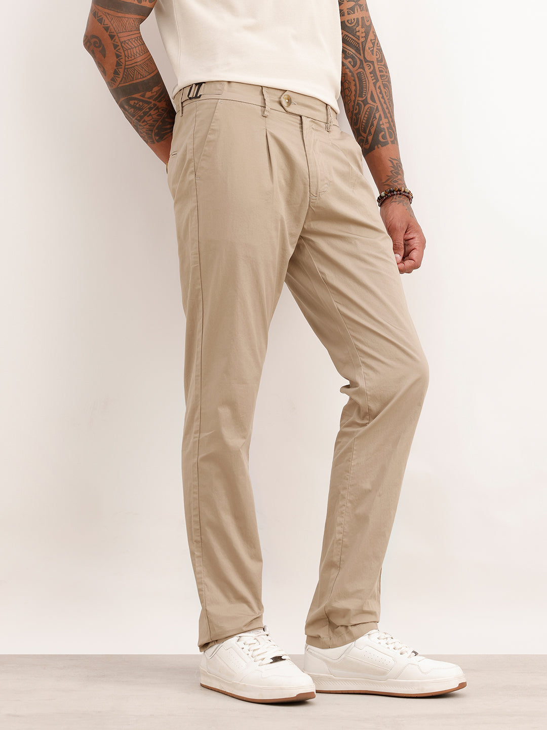 Solid Slim Fit Pleated Trouser | Beige