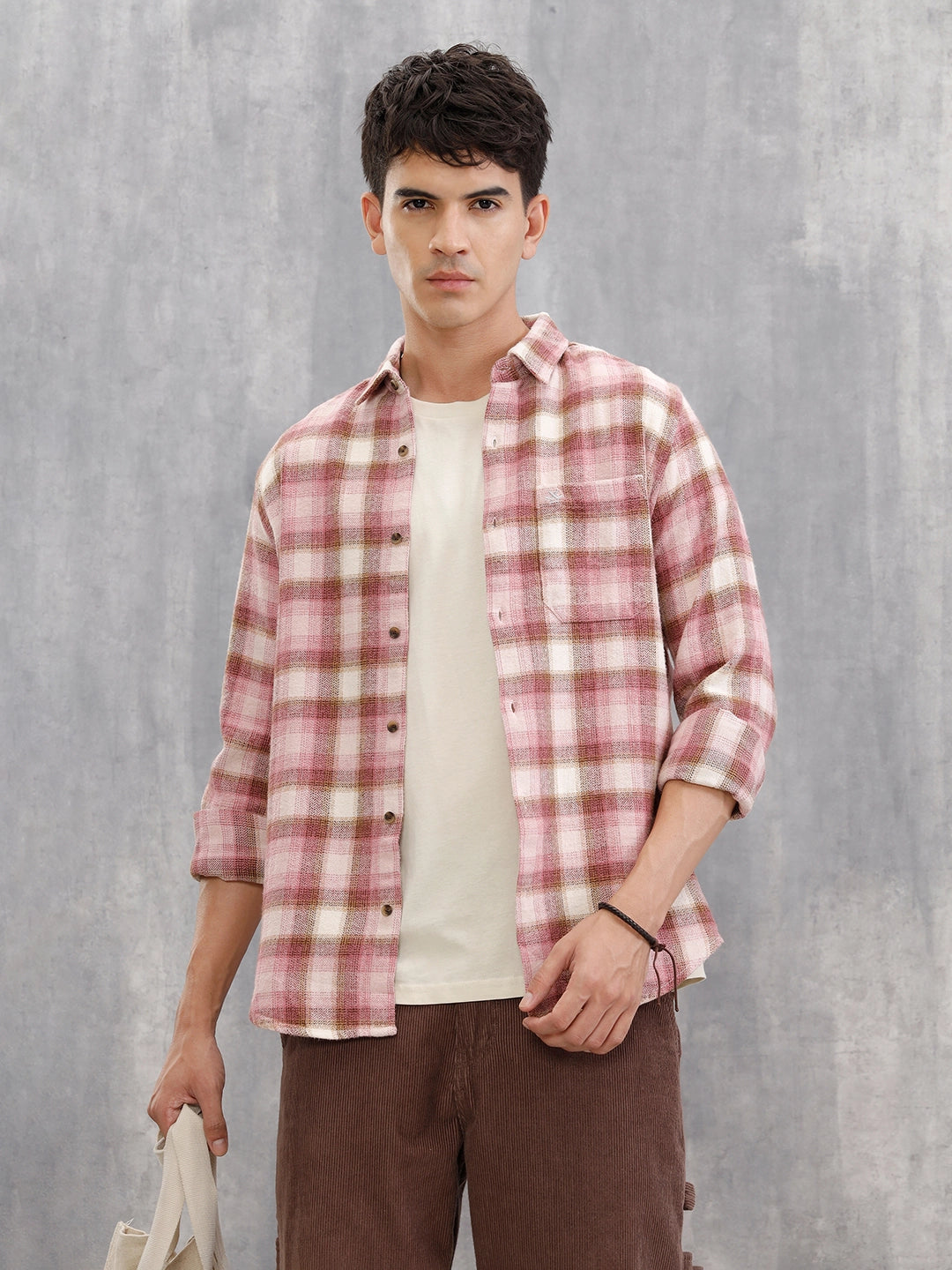 Brushed Herringbone Flannel Check Shirt In Regular Fit | Pink