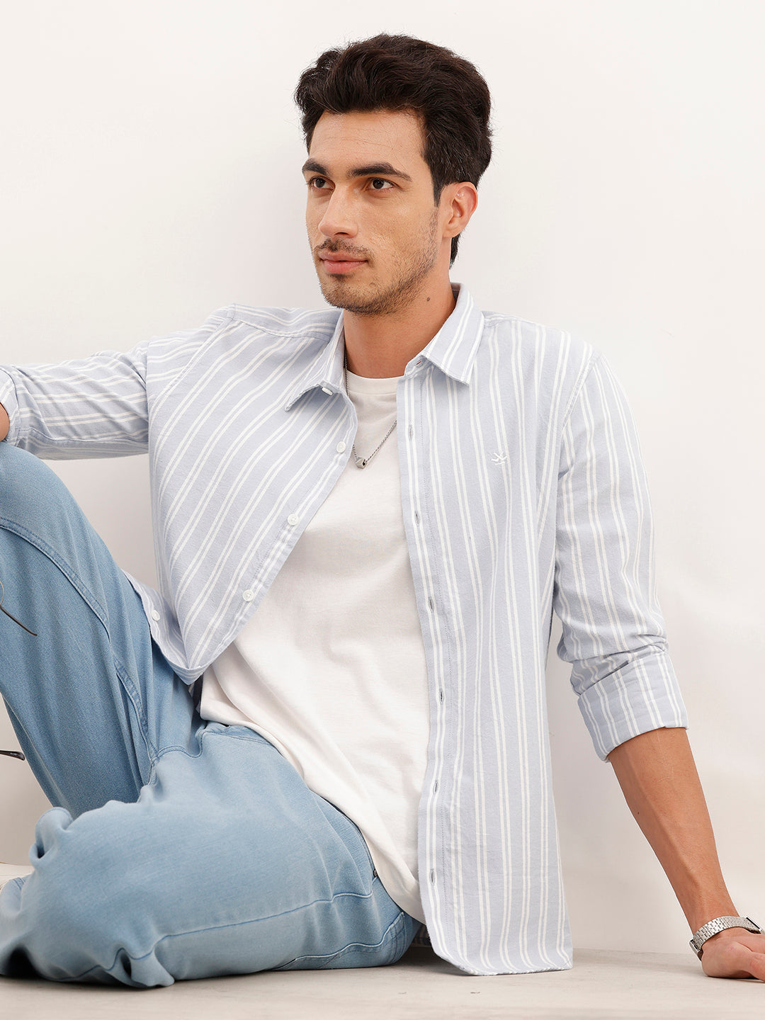 Classic Slim Fit Brushed Striped Shirt | Blue