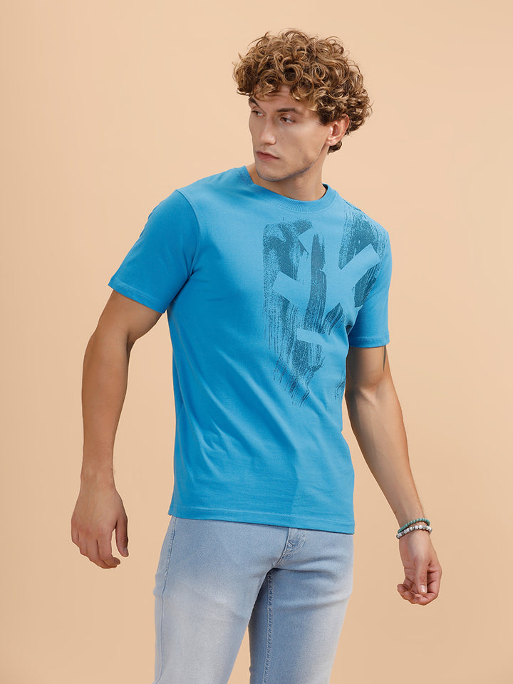 Brush Stroke Placement Printed T-Shirt | Blue