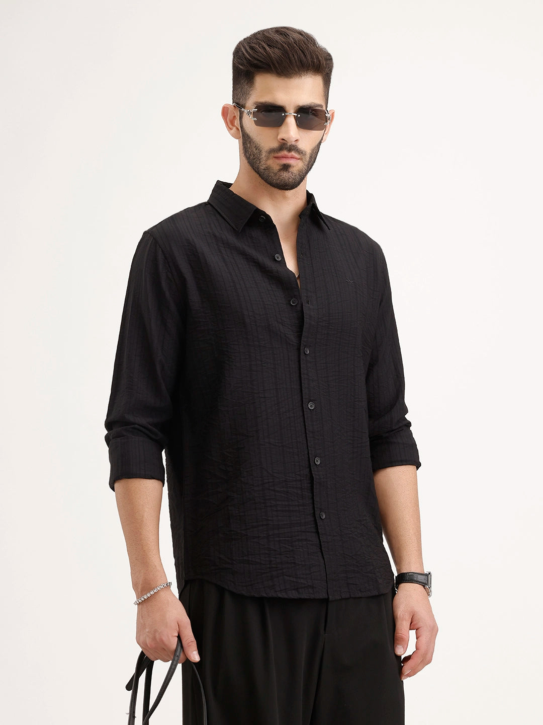 Solid Regular Fit Textured Shirt | Black
