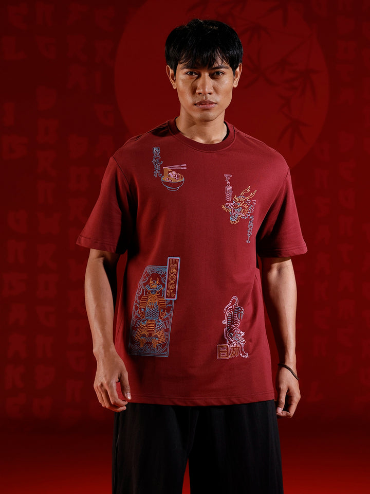 Oversize tshirt with warrior motif prints | Maroon