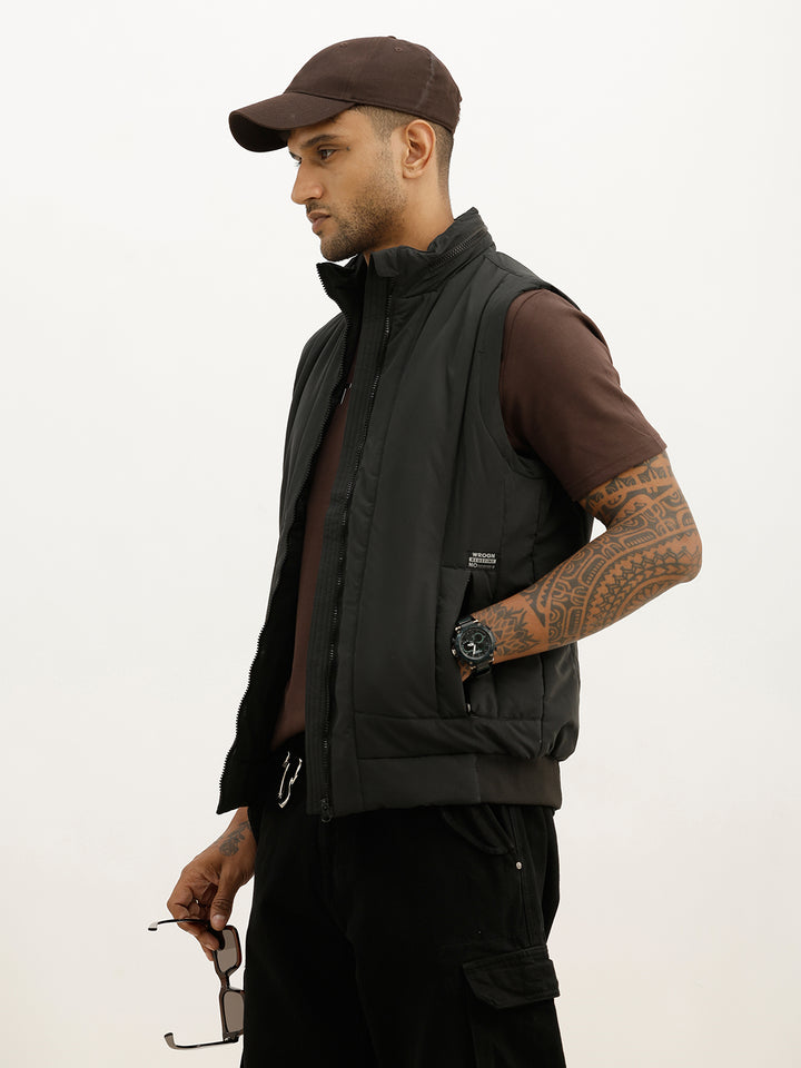 Slim Fit Cut Off Sleeves Hooded Puffer Jacket | Black