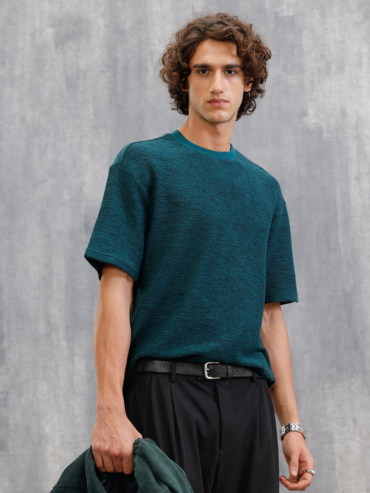 Two Tone Textured Slub Knit Oversized Crew Neck T-Shirt With Chunky Rib | Teal