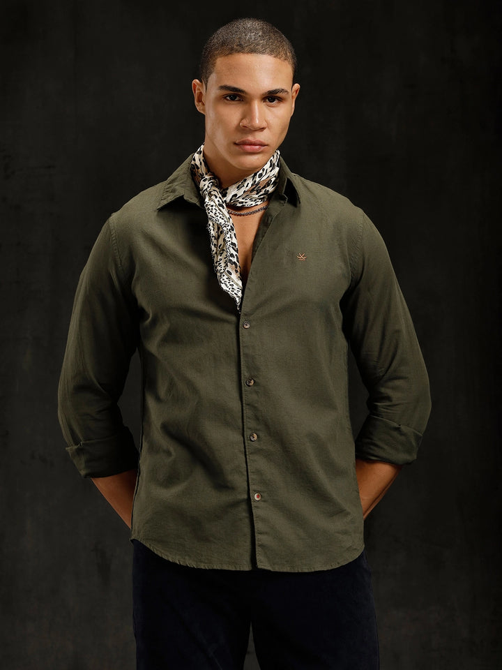 Solid Linen Blend Shirt | Olive