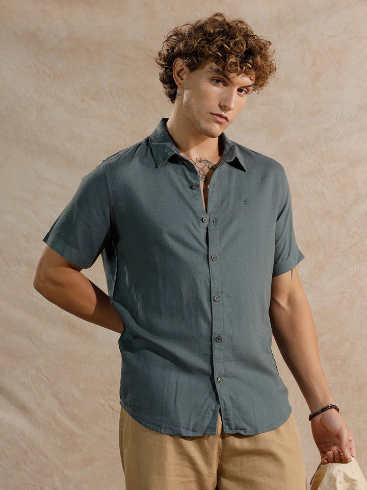 Solid Linen Blend Slim Fit Shirt | Teal