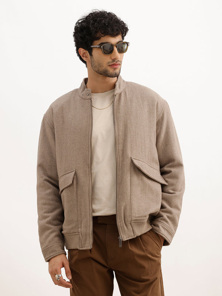 Solid Comfort Fit Double Pocket Jacket | Brown