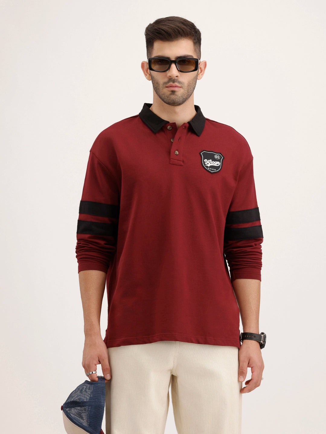 Oversized Contrast Collar Polo T-Shirt | Maroon