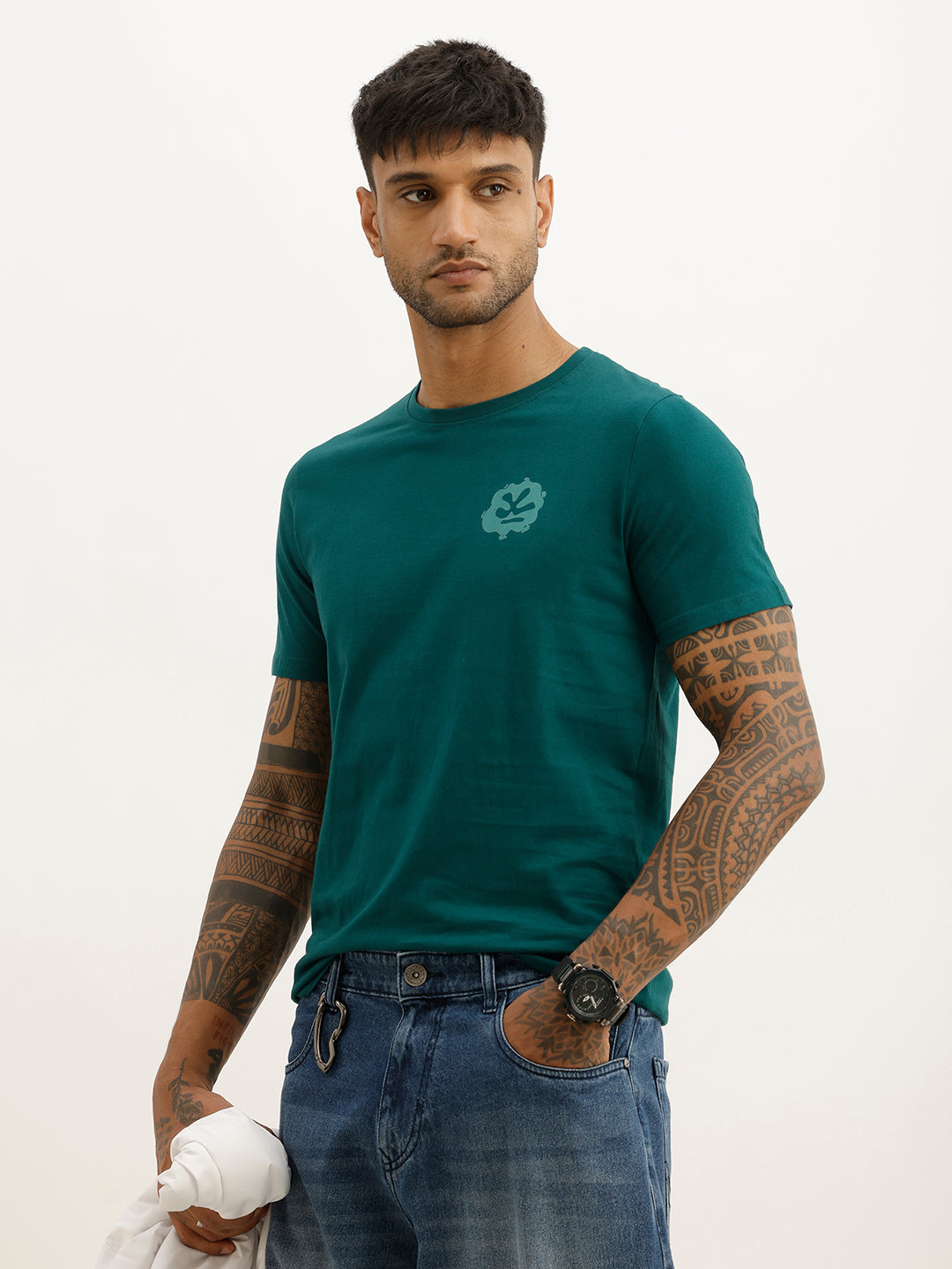 Classic Slim Fit Placement Printed T-Shirt | Dark Green