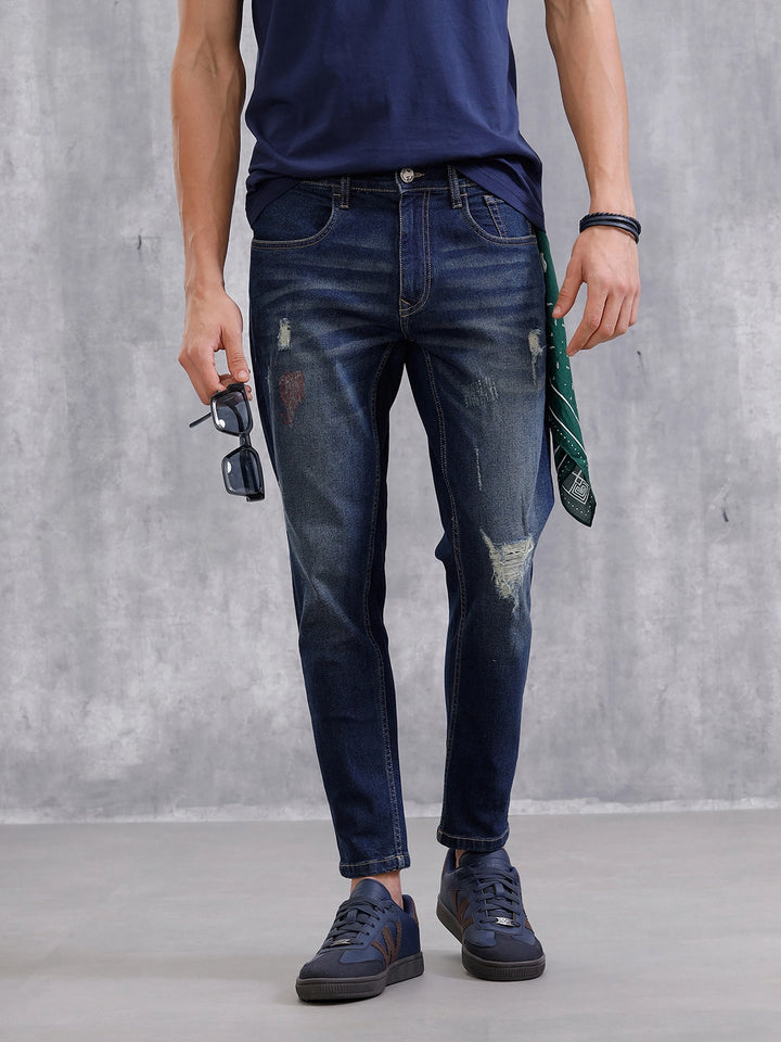 Solid Skinny Crop Distressed Jeans | Blue