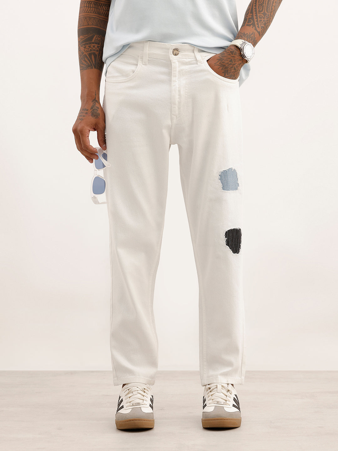 Classic Distressed Patch Detail Denim Jeans | White