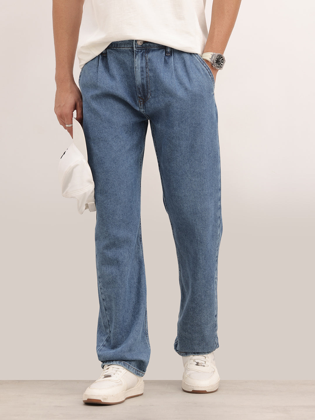 Washed Anti Fit Pleated Denim Jeans | Light Blue