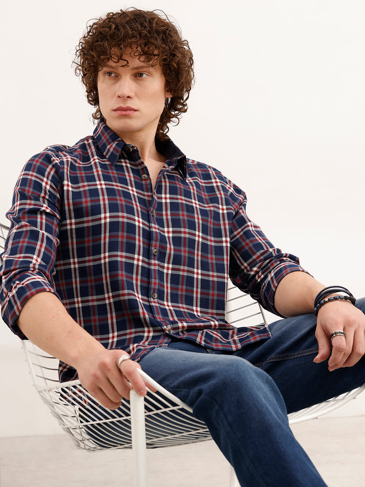 Slim Fit Checkered Shirt  | Navy Blue
