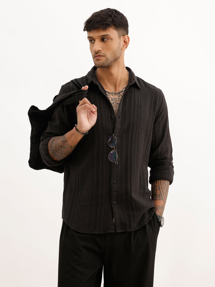 Textured Slim Fit Striped Shirt | Black