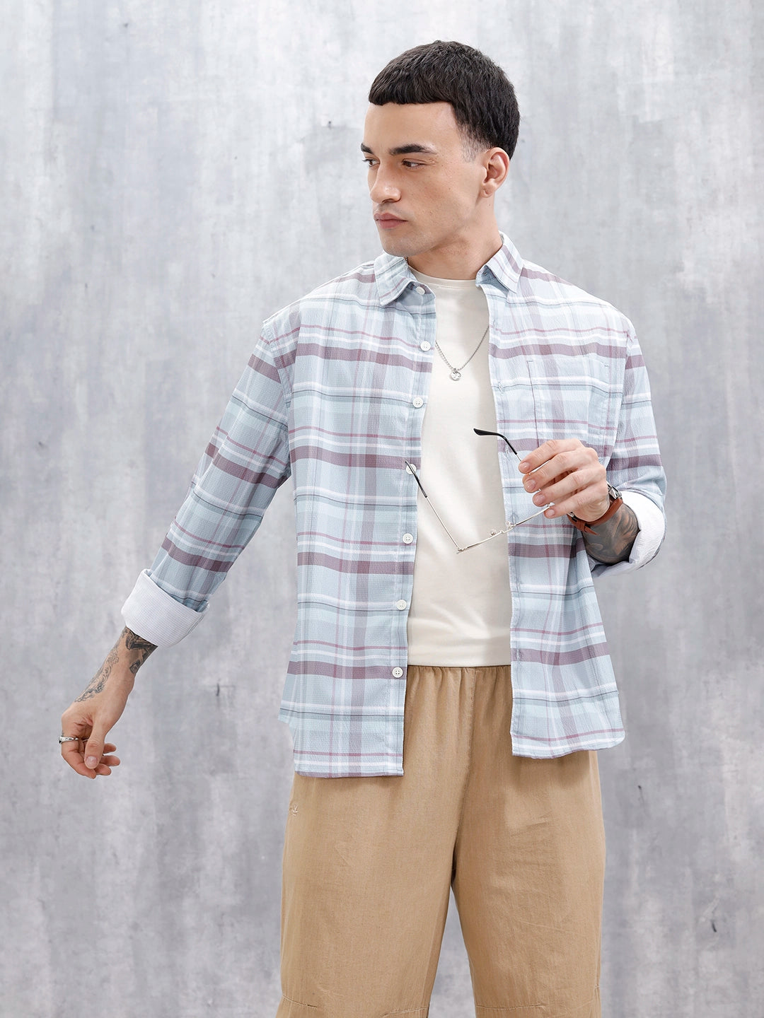 Wrogn Men's Comfot Fit Printed Checkered Shirt | Blue