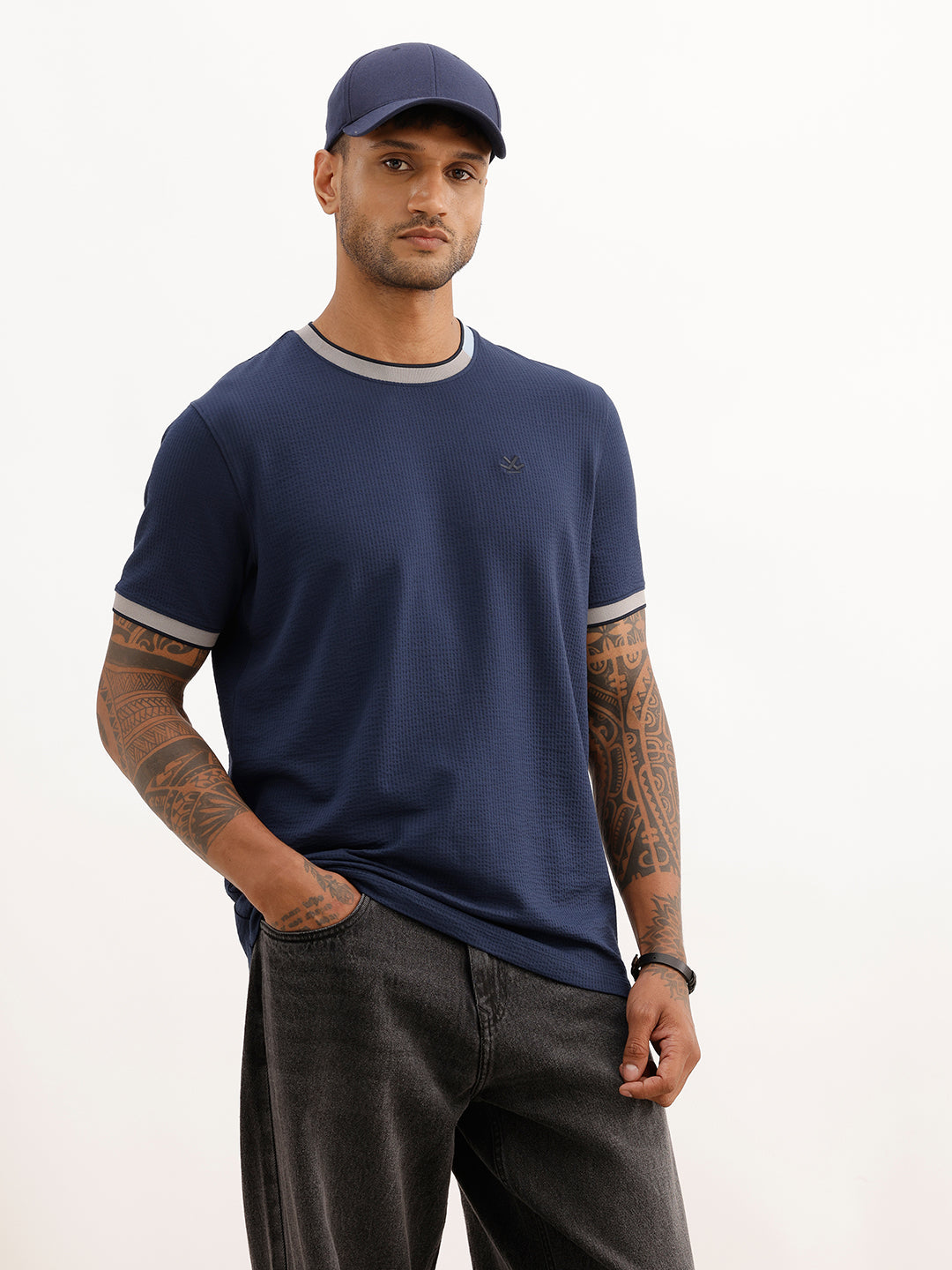 Textured Slim Fit Contrast Collar T-Shirt | Navy Blue | WTS02HSSL1222S
