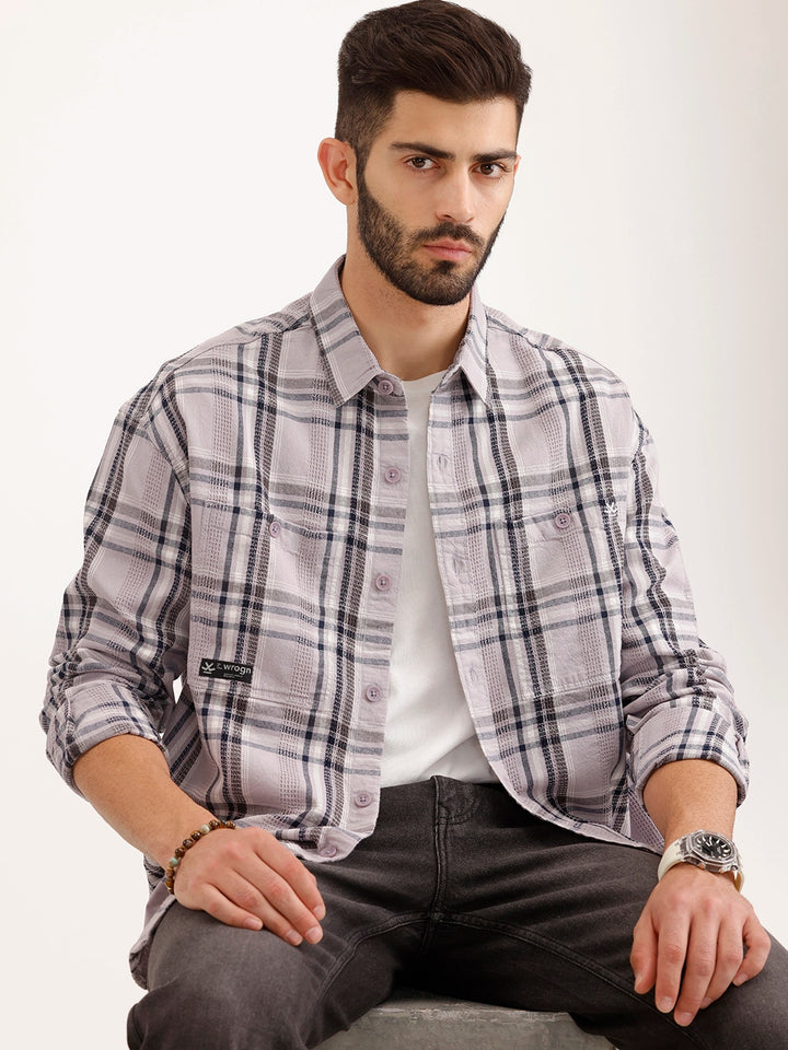 Textured Oversized Fit Double Pocket Shirt | Purple