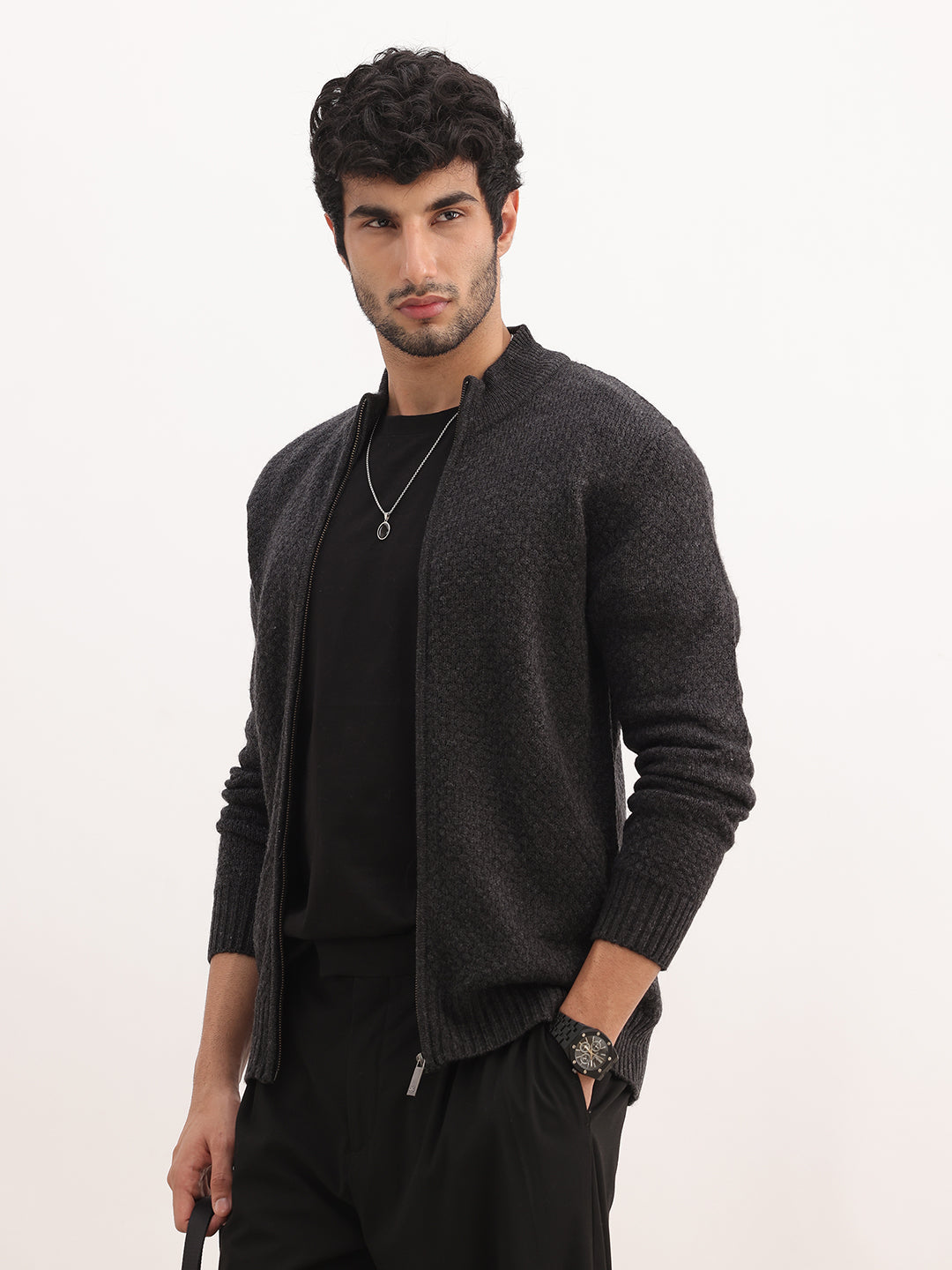 Solid Regular Zipper Sweatshirt | Charcoal