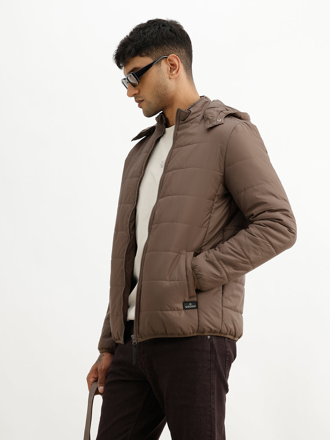 Solid Regular Fit Puffer Jacket | Brown