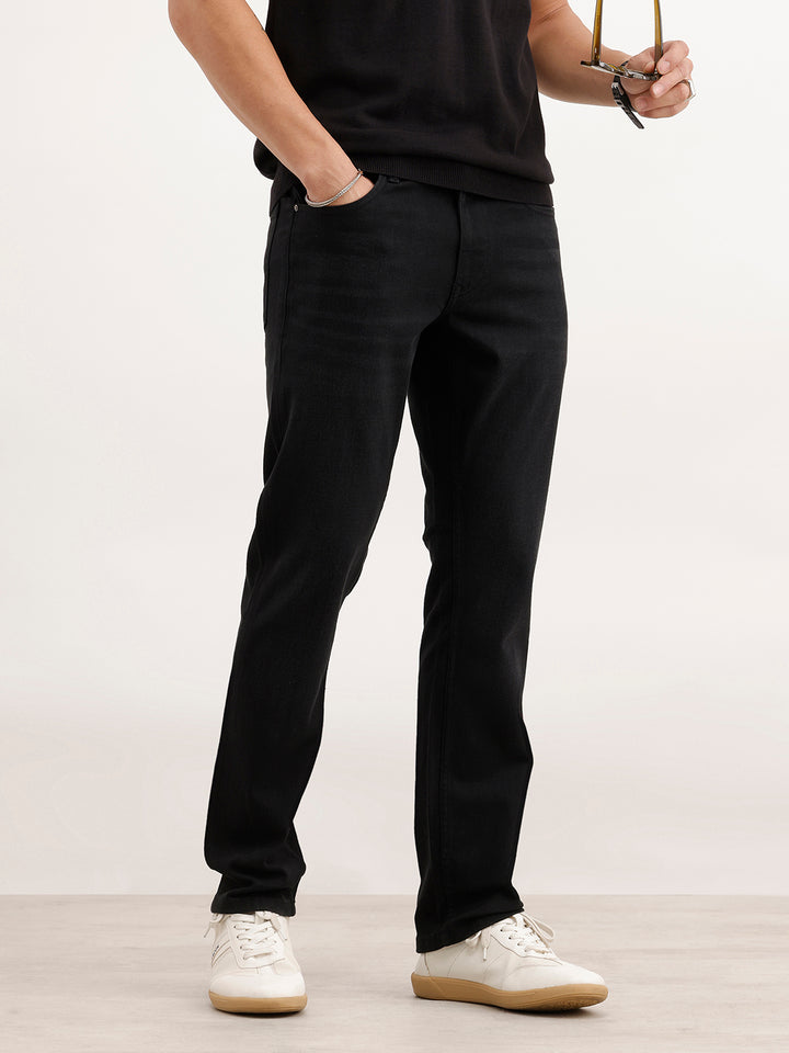 Straight Fit Solid Denim Jeans  | Black