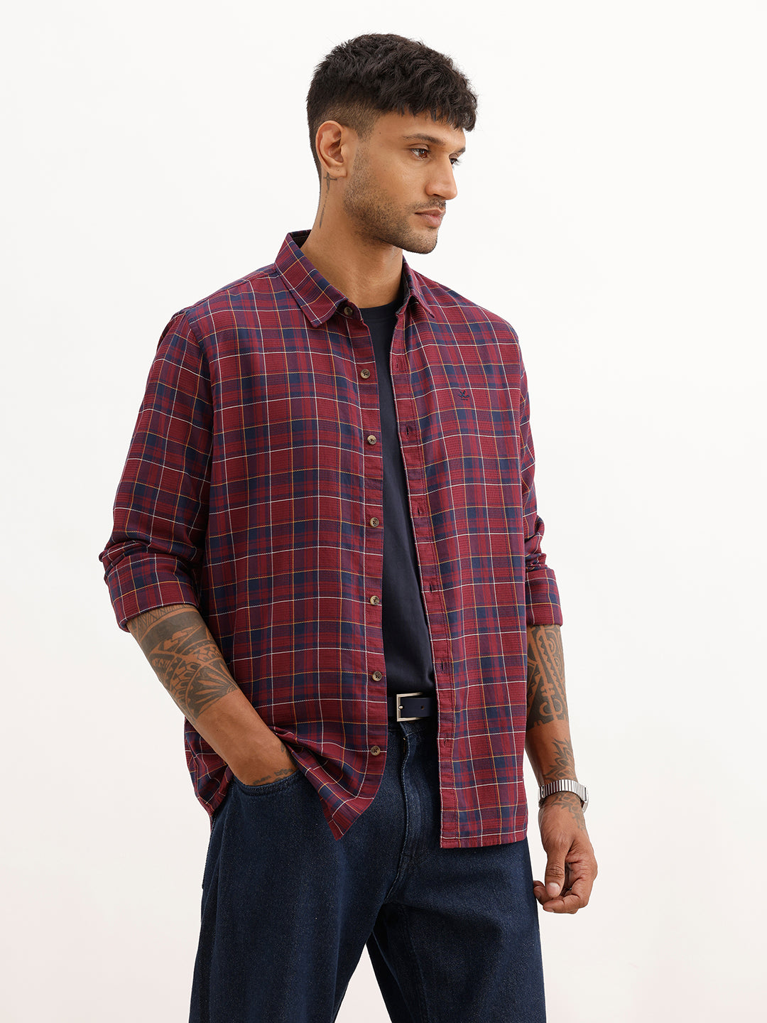 Classic Textured Checkered Shirt | Maroon | WSH02FSSL0071S
