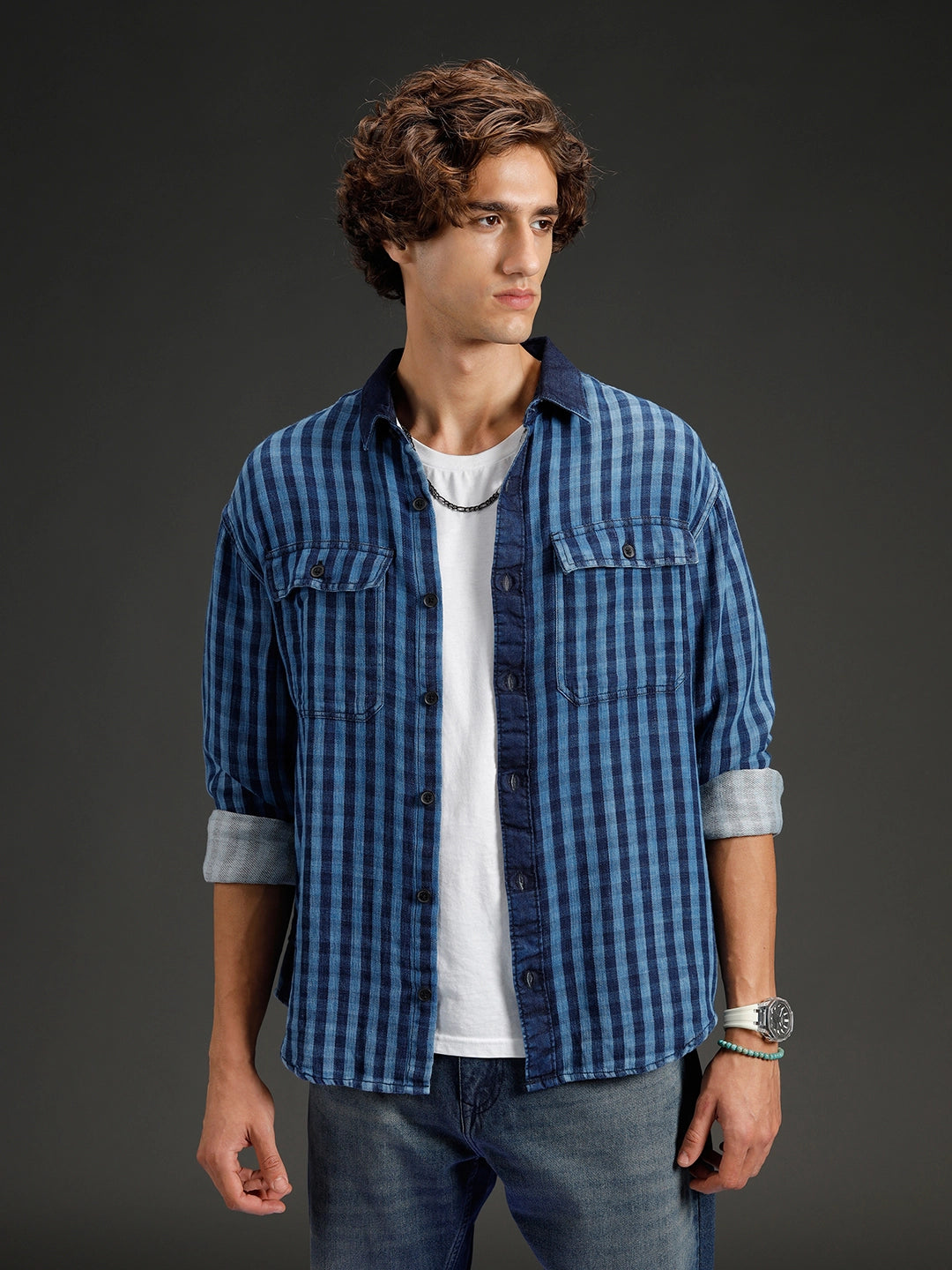 Men's casual oversized fit checkered pattern shirt | Navy Blue