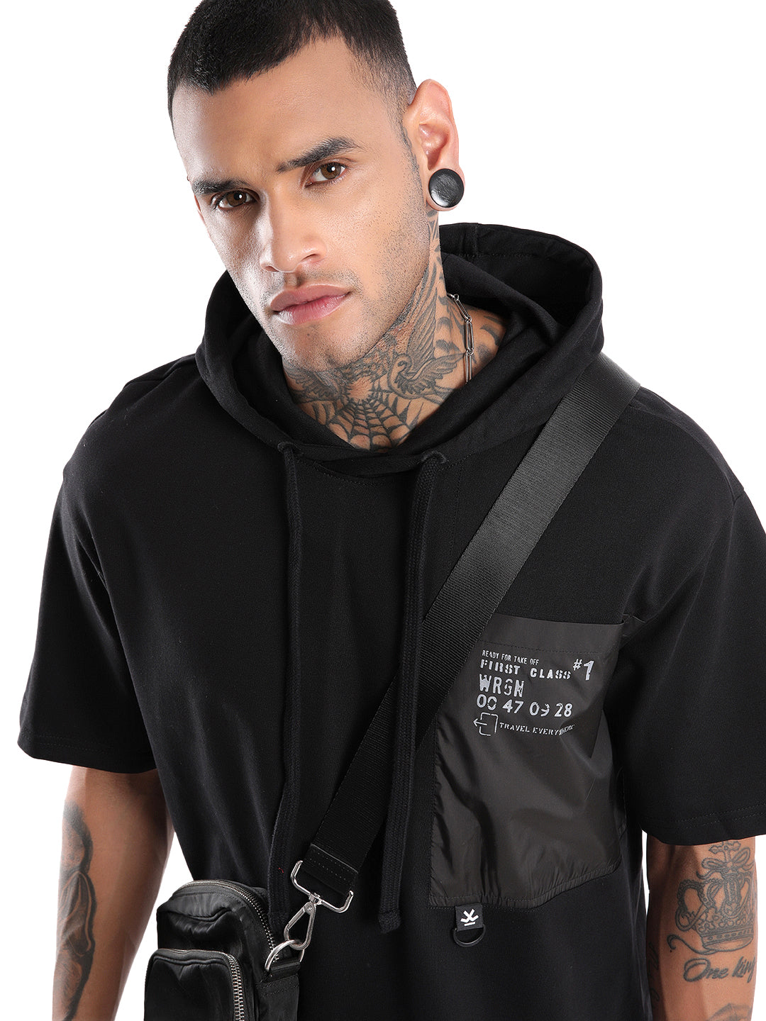 Black Print Hooded Oversized T-Shirt