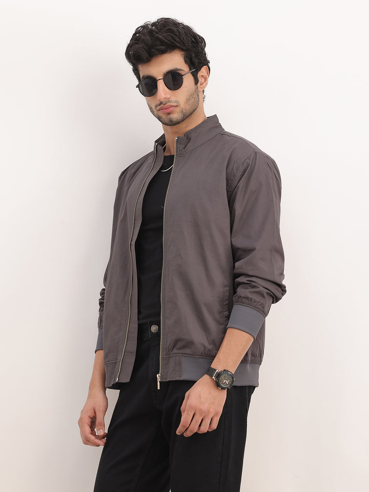 Solid Regular Fit Zipper Jacket | Grey