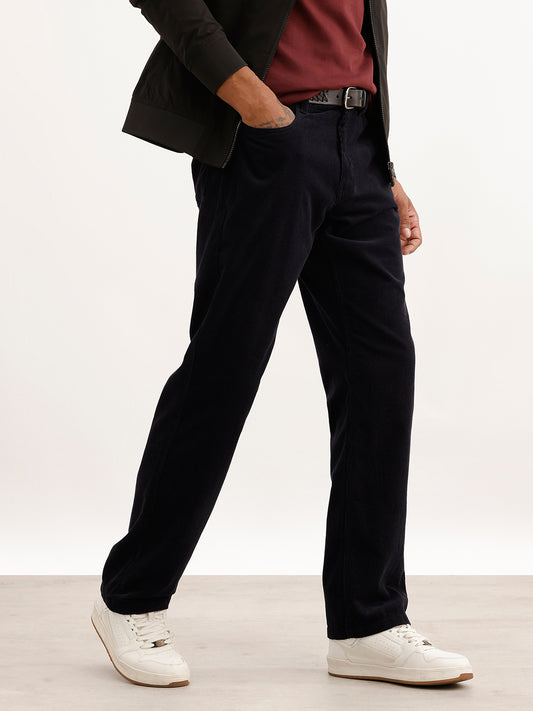 Solid Straight Fit Corduroy Trousers | Navy Blue