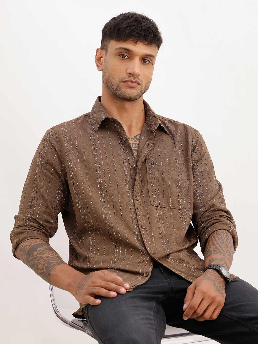 Slim Fit Textured Stripes Shirt | Brown