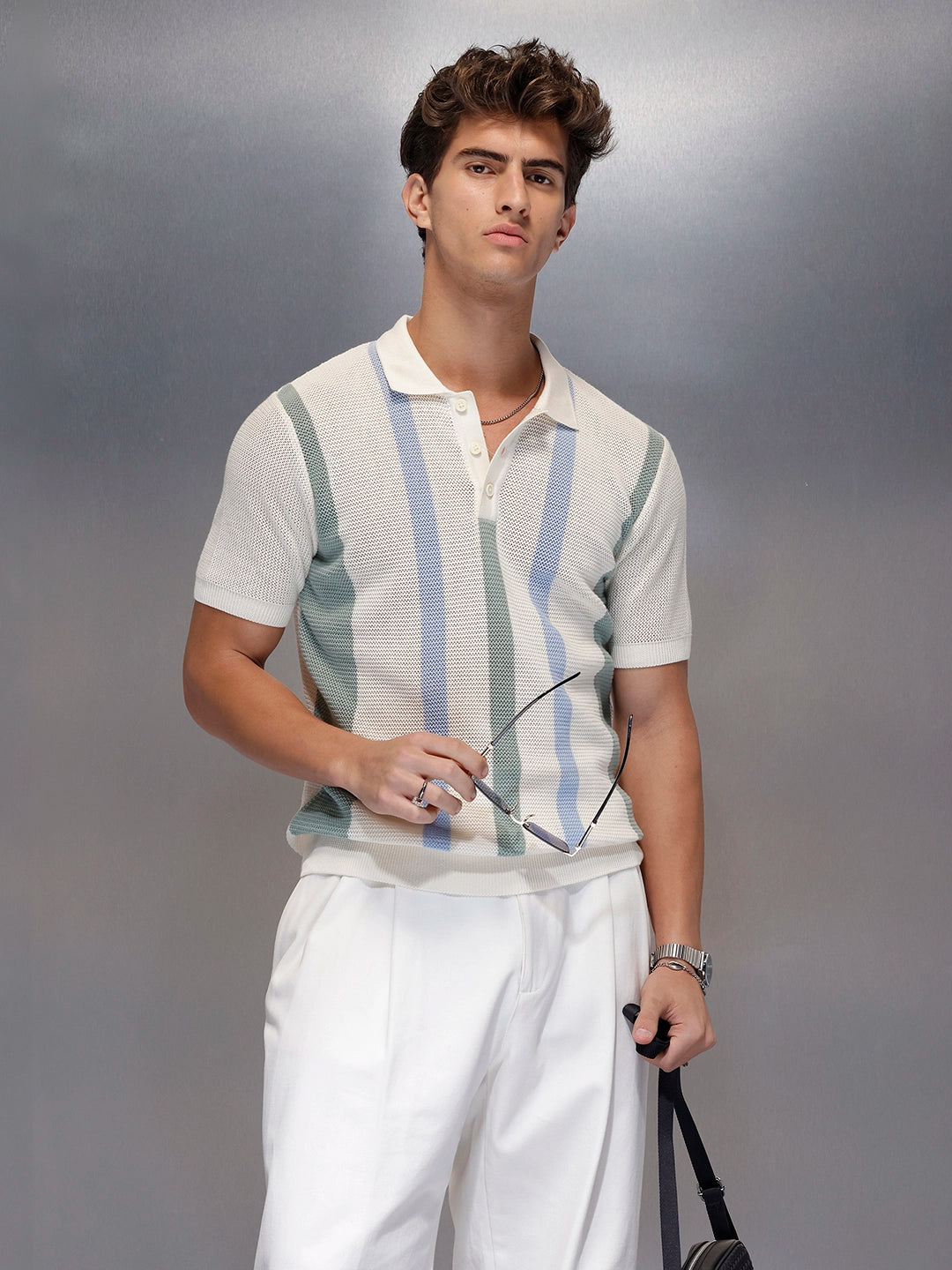 Pastel Stripe Textured Knit Polo | Off White