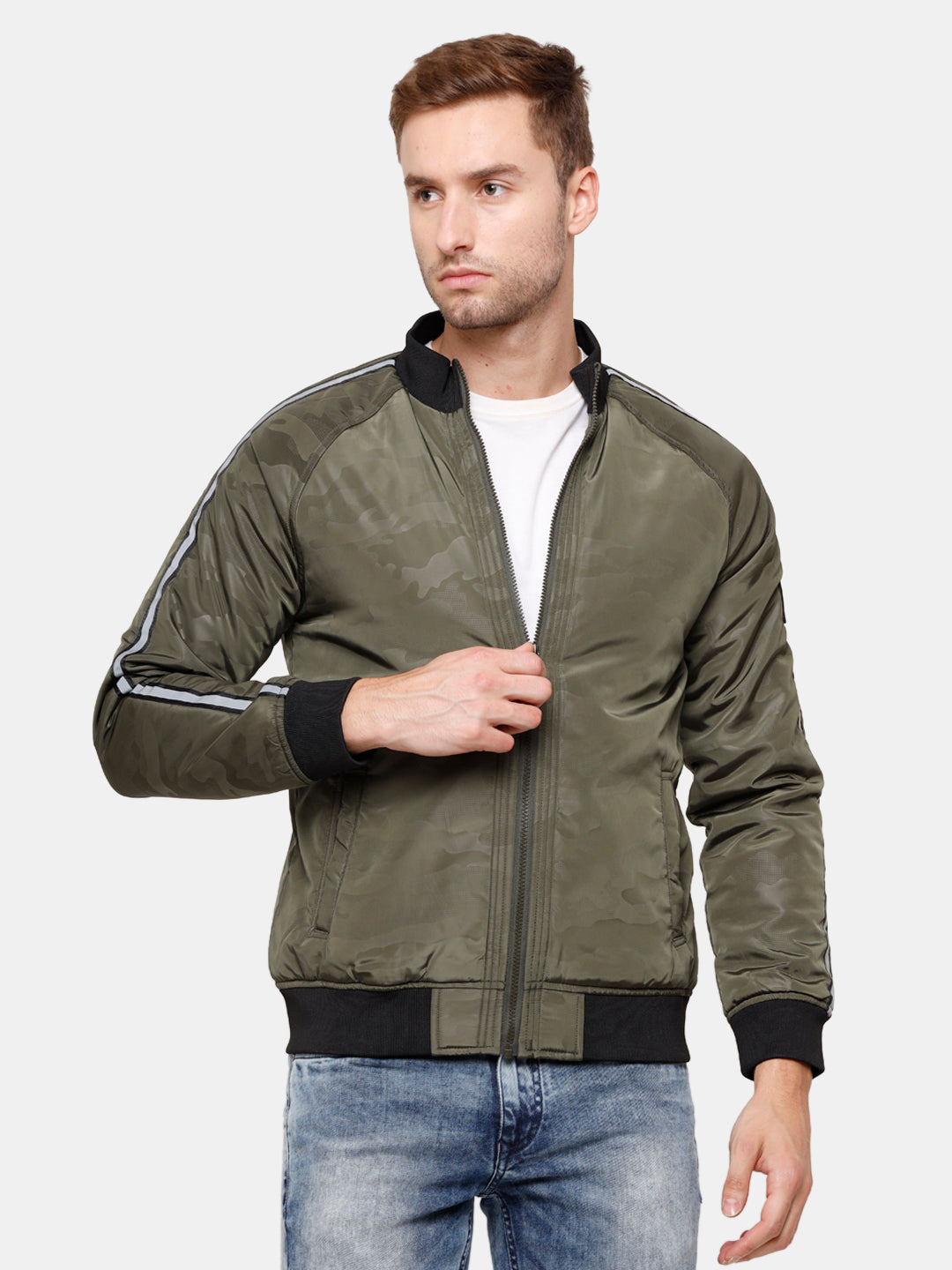 Olive Stripe Casual Bomber Jacket