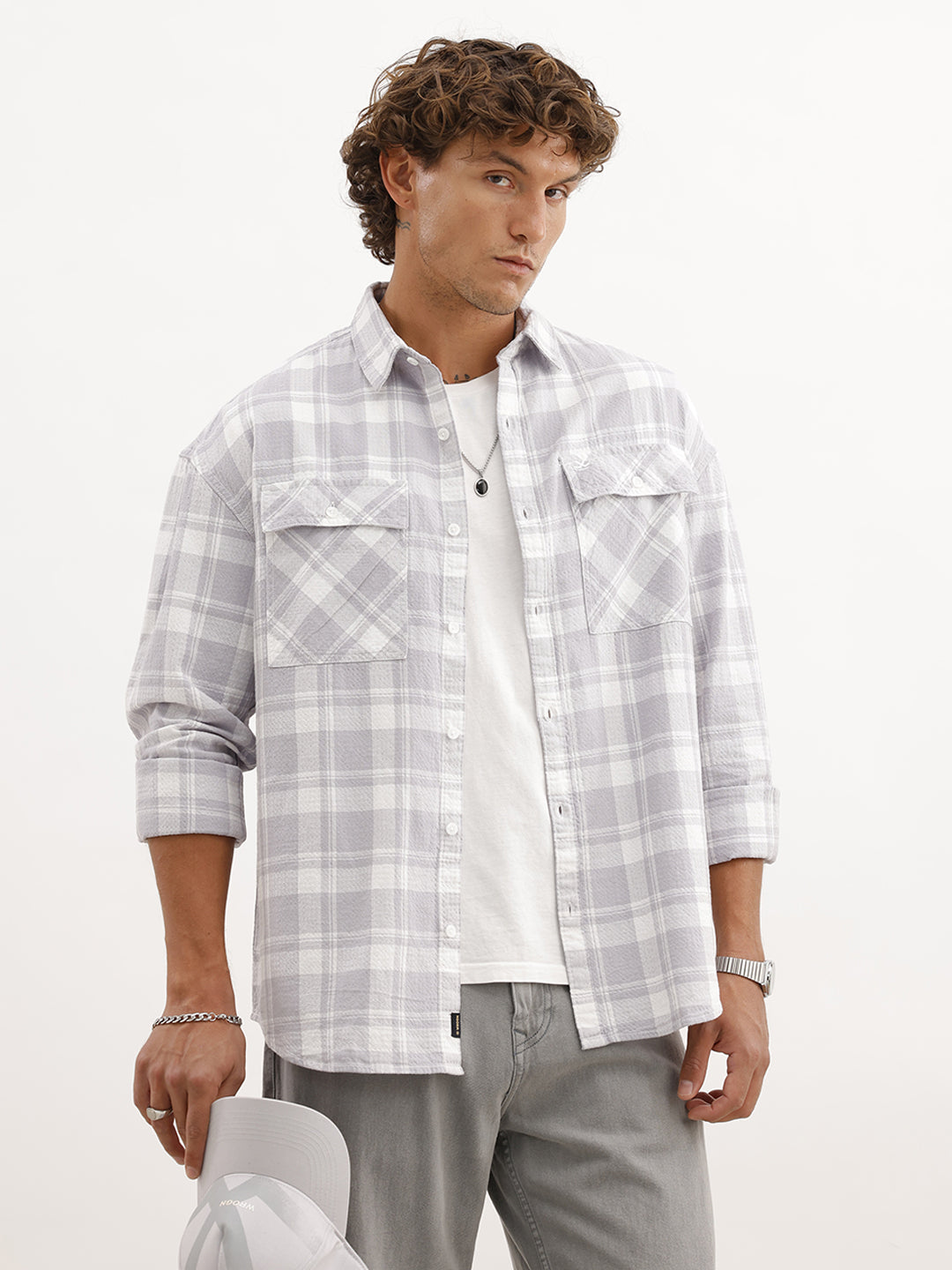 Oversized Double Pocket Checkered Shirt | Grey