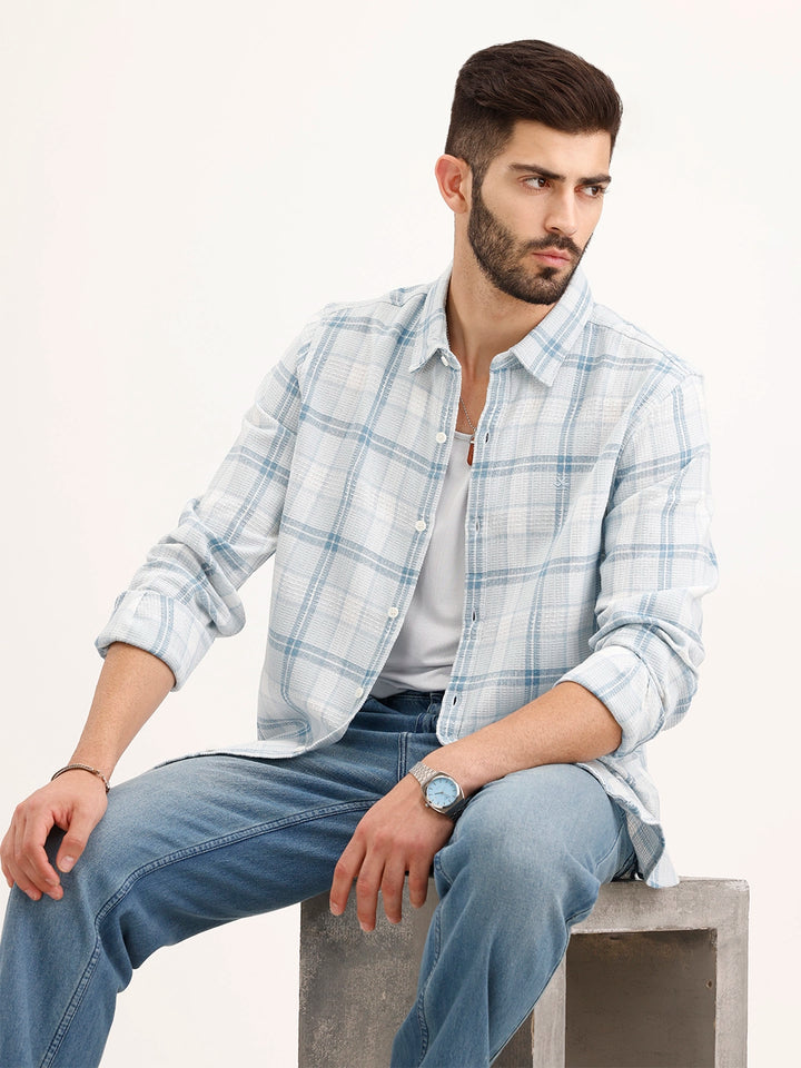 Textured Regular Fit Checkered Shirt | Blue