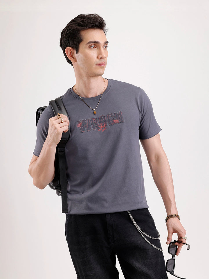 Solid Embroidery Patch T-Shirt   |  Grey