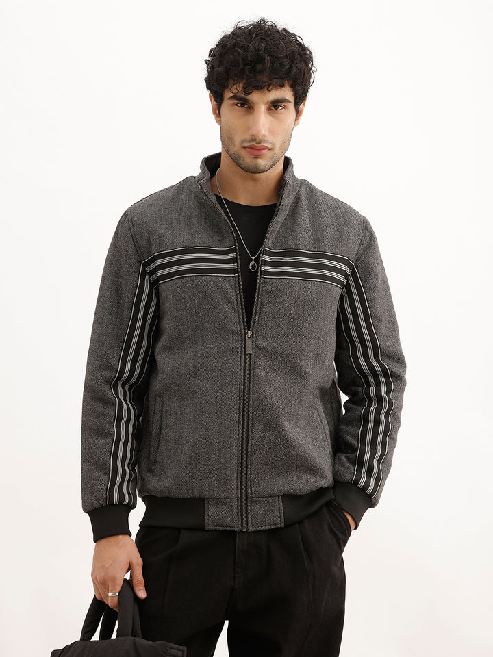 Solid Regular Fit Quilted Zipper Jacket | Charcoal