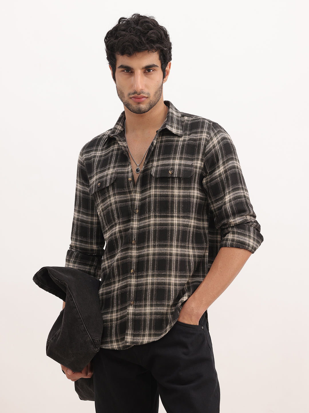 Checkered Slim Fit Double Pocket Shirt | Black