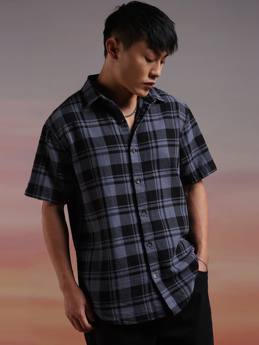 Checked Squares Blue Half Sleeve Shirt