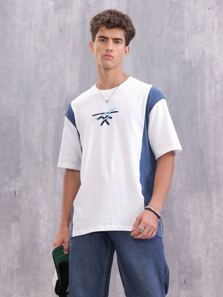 Retro Colourblock Oversized Fit T-shirt With Print | White