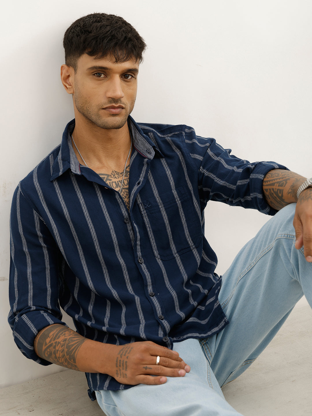 Classic Slim Fit Textured Stripe Shirt | Blue