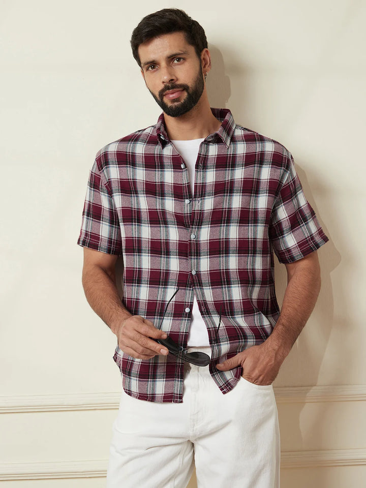 Checked Open Dobby Shirt | Maroon