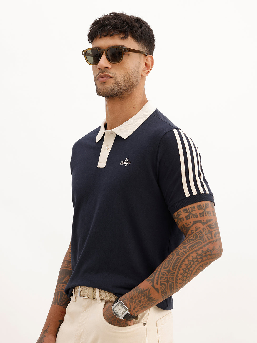 Slim Fit Side Stripe Polo T-Shirt | Navy Blue