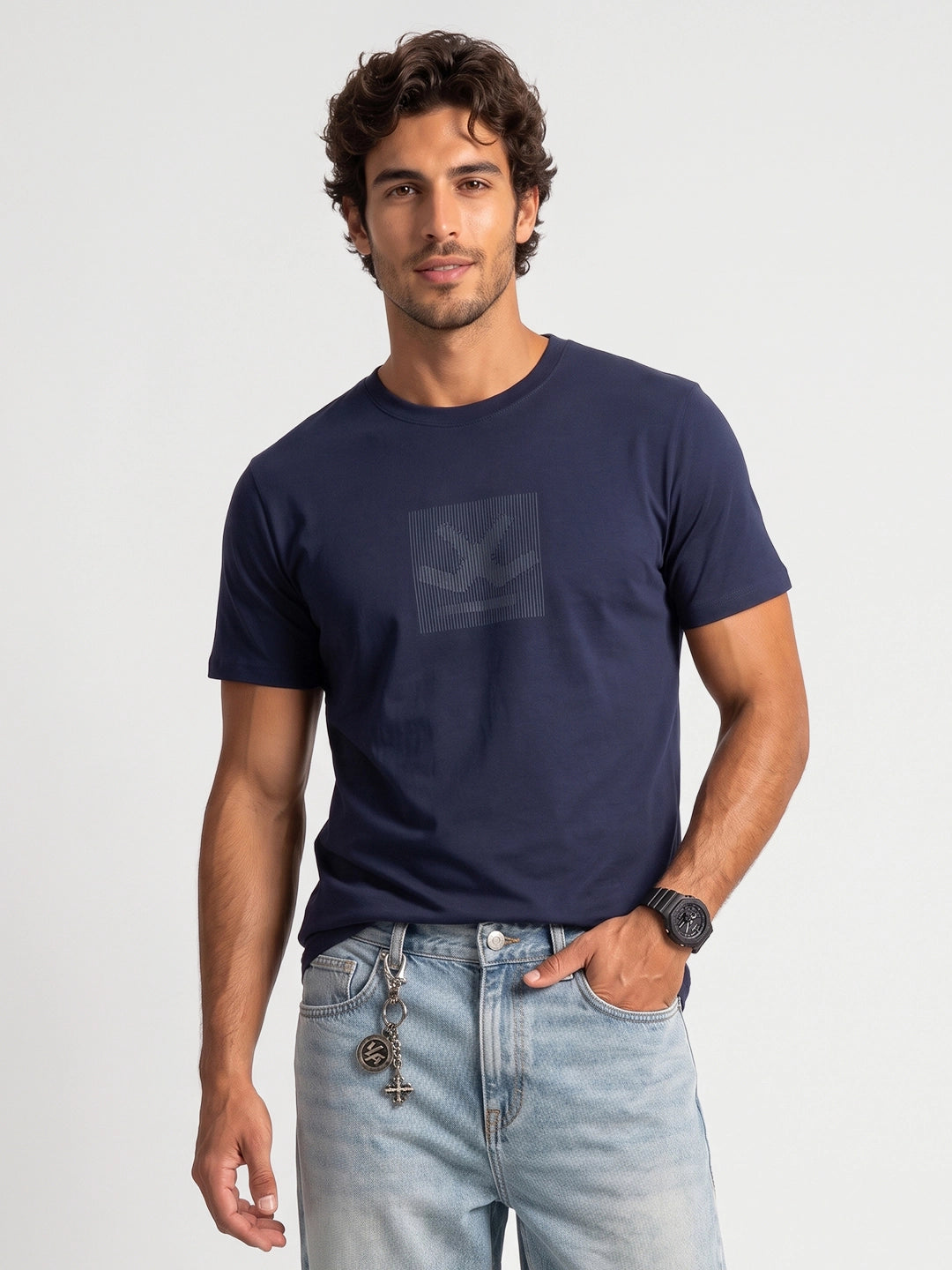Slim Fit Placement Printed T-Shirt | Navy Blue