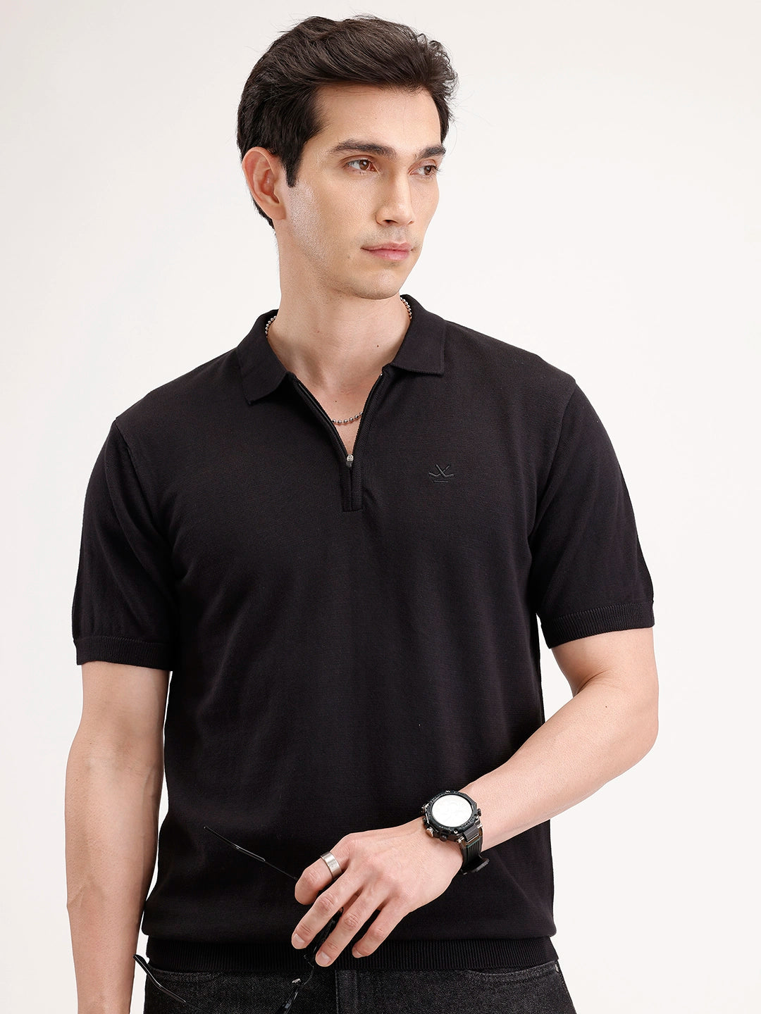 Slim Fit Flat Knit Polo T-Shirt | Black