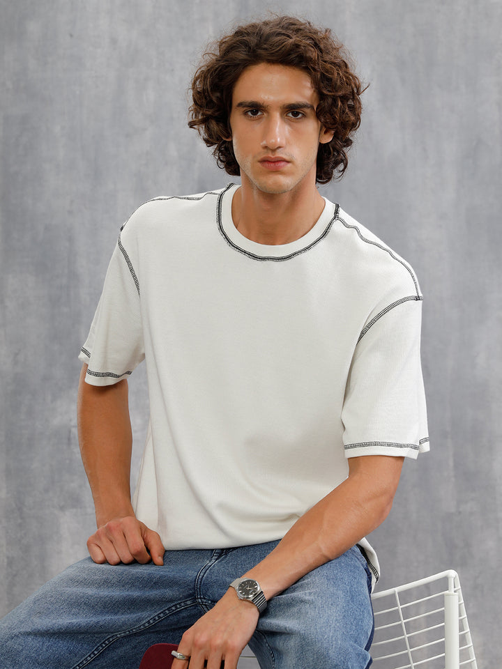 Premium Textured Knit With Contrast Stitch Details On Seams  | Off White